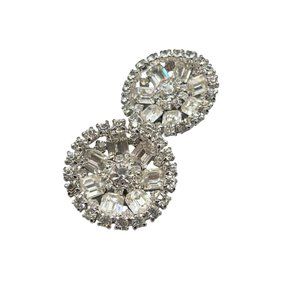 Vtg Clear Rhinestones Earrings Clip On Round Circular Layered Statement Jewelry